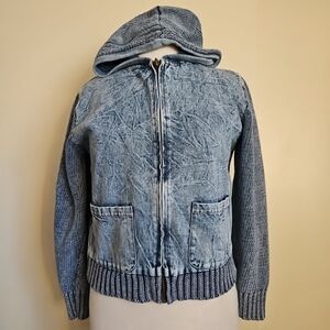 PBJ Blues Hooded Denim Knitted Jacket Fully Zip Acid Blue Washed Chambray Size M